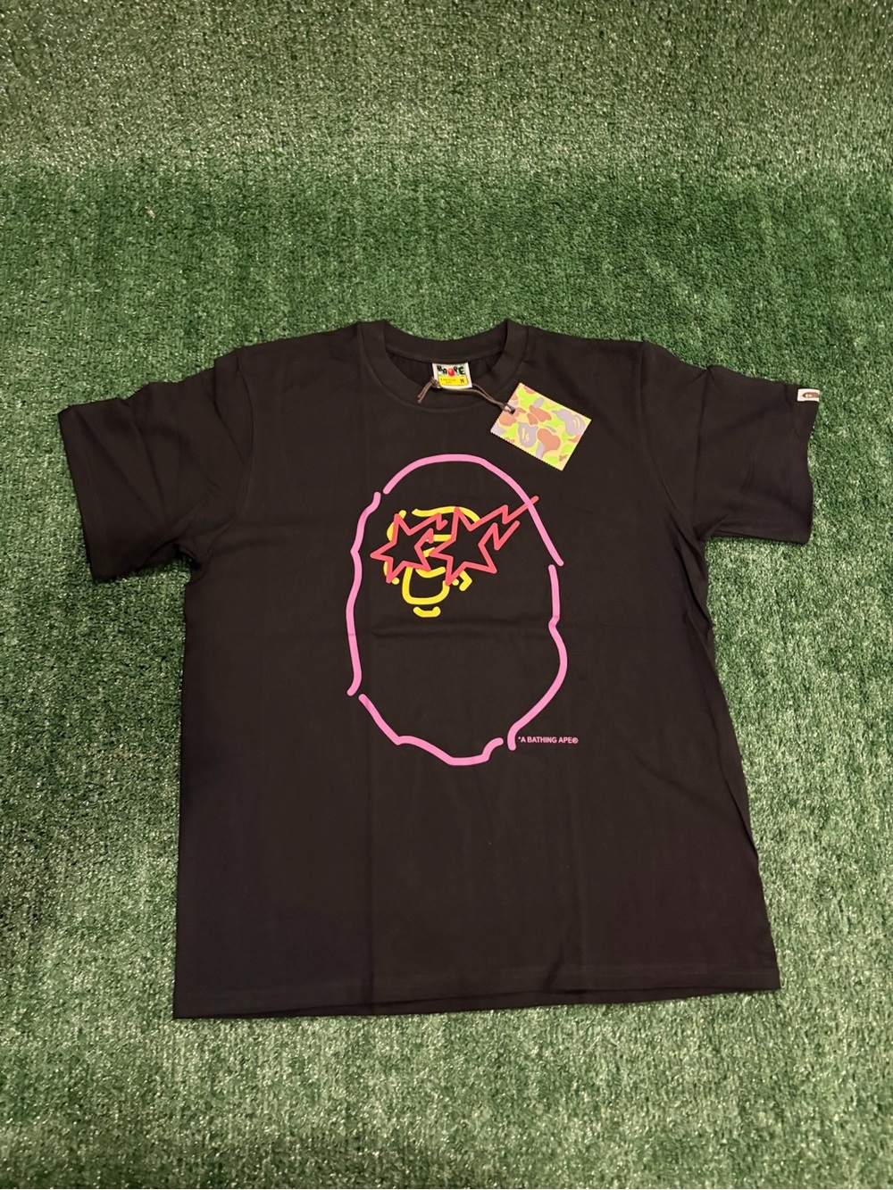A Bathing Ape Black Short Sleeve Graphic Tee - Pink & Yellow Logo